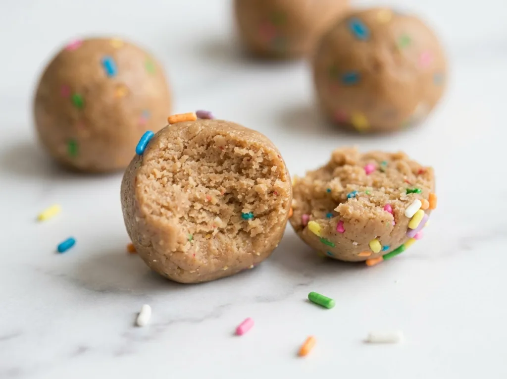 No-Bake Cake Batter Protein Bites Cake Batter Protein Balls No-Bake Cake Batter Protein Bites A Broken Open Bite Showing the Soft Center