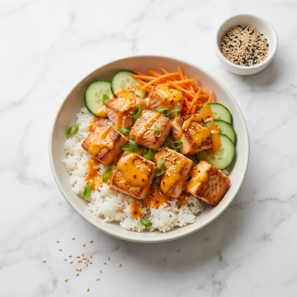 Creamy Bang Bang Salmon Rice Bowl Bang Bang Salmon Creamy Bang Bang Salmon Rice Bowl A Fresh Close Up for the Bang Bang Salmon Recipe Card