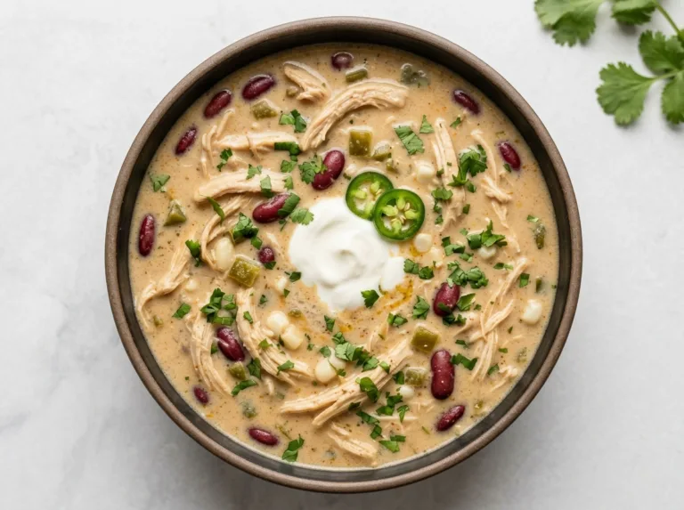 Creamy Cajun White Chicken Chili A bright bowl of creamy Cajun chili for serving