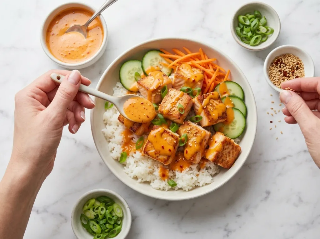 Creamy Bang Bang Salmon Rice Bowl Bang Bang Salmon Creamy Bang Bang Salmon Rice Bowl Building a Bright Salmon Rice Bowl