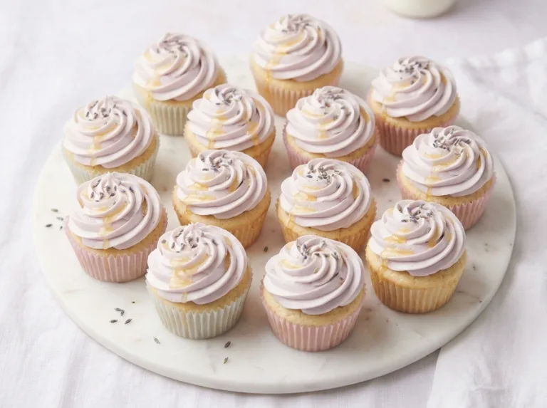 Honey Lavender Dream Cupcakes Delicate lavender cupcakes arranged on a pale serving plate