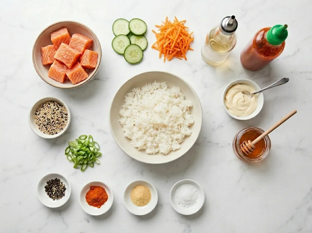 Creamy Bang Bang Salmon Rice Bowl Bang Bang Salmon Creamy Bang Bang Salmon Rice Bowl Everything on the Counter for This Salmon Bowl