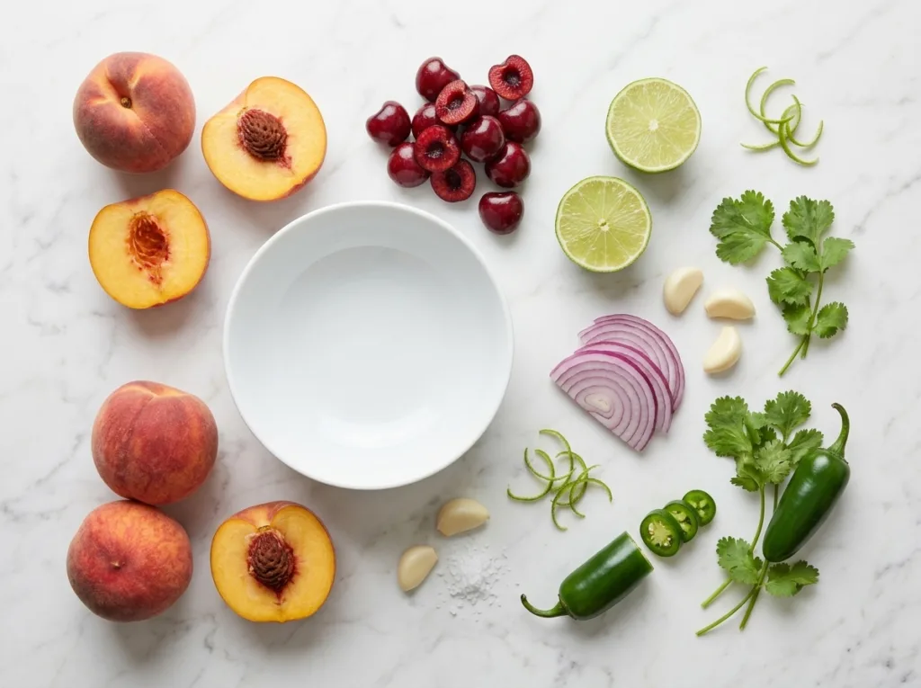 Easy Peach Cherry Salsa Peach Cherry Salsa Easy Peach Cherry Salsa Fresh Produce and Citrus for the Salsa Bowl