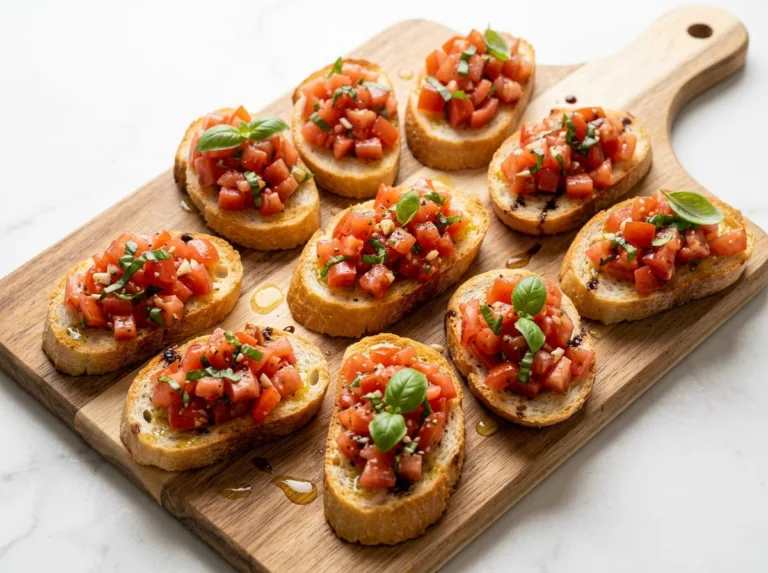 Classic Tomato Basil Bruschetta Fresh tomato toasts arranged on the serving board