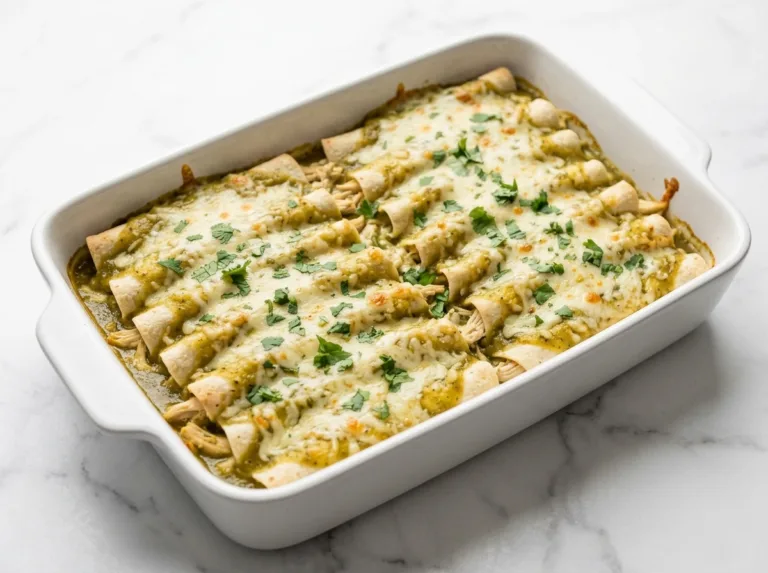 Protein-Packed Green Chicken Enchiladas Freshly baked green enchiladas ready for dinner