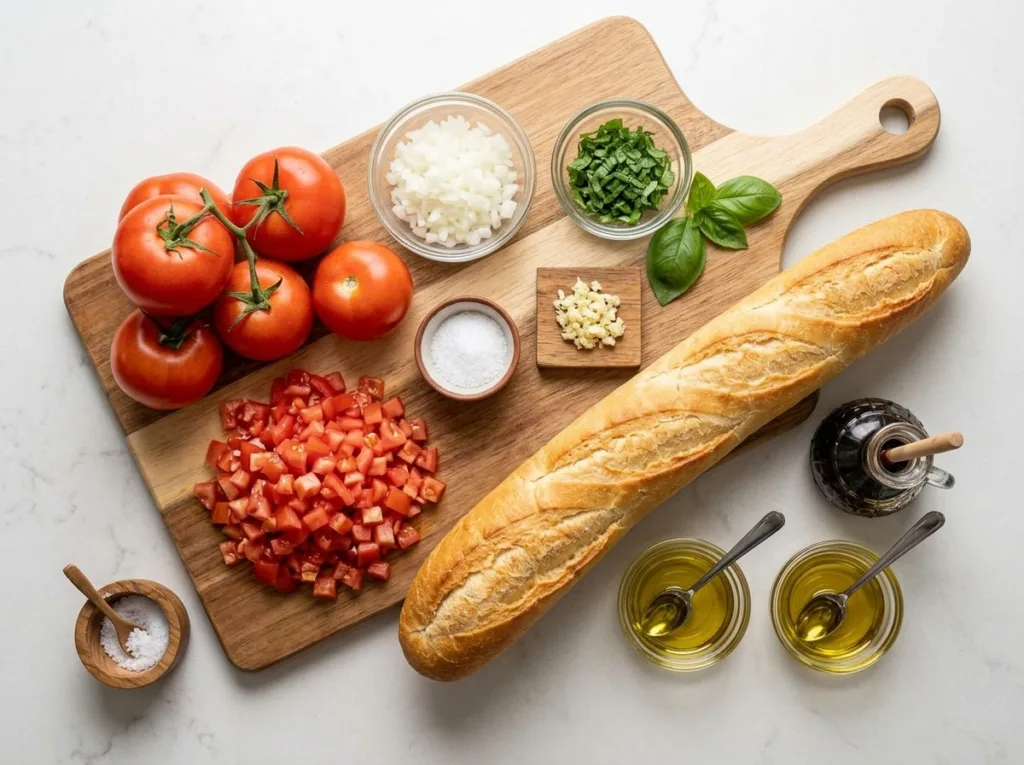 Classic Tomato Basil Bruschetta Classic Tomato Basil Bruschetta Measured bruschetta ingredients prepared for assembly
