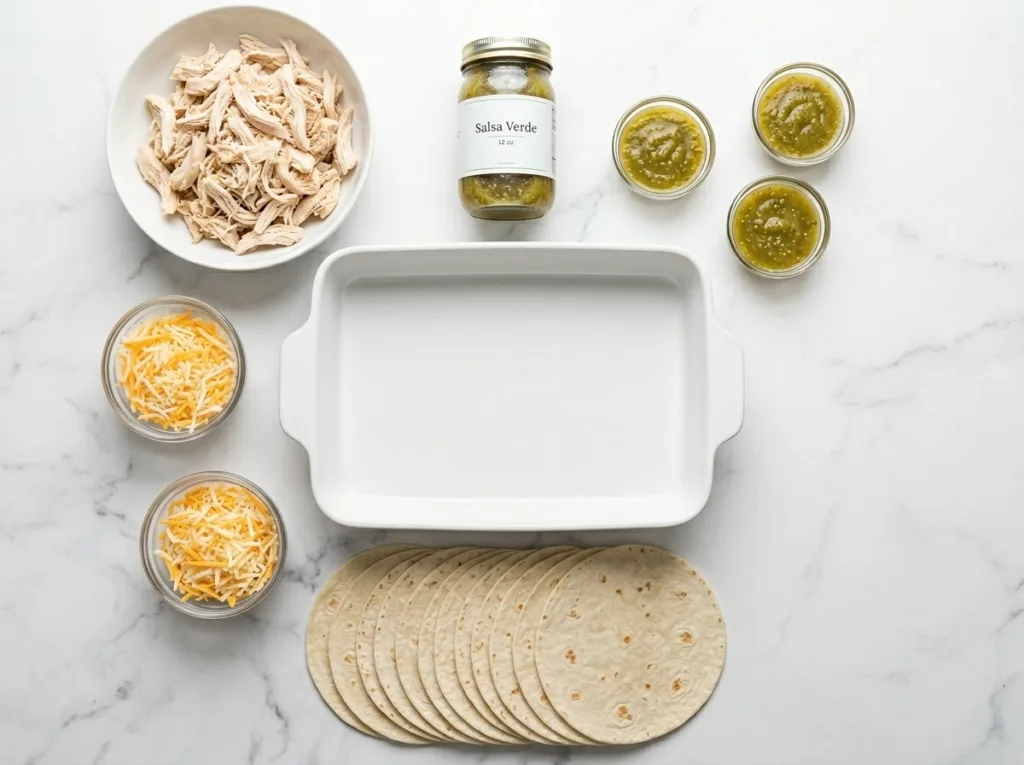 Protein-Packed Green Chicken Enchiladas Protein-Packed Green Chicken Enchiladas Measured ingredients set out before the enchiladas are assembled