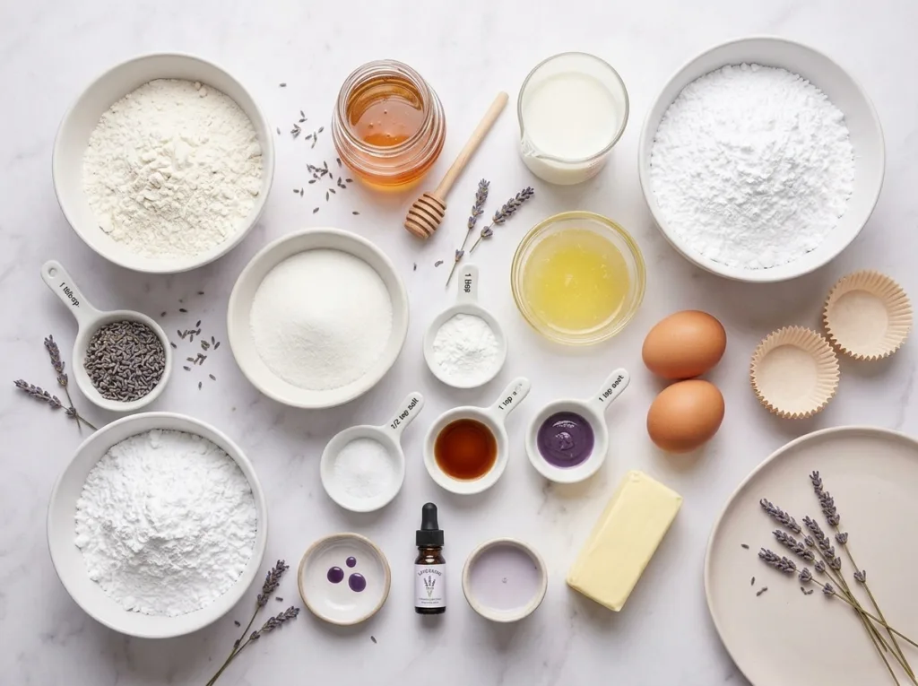 Honey Lavender Dream Cupcakes Honey Lavender Dream Cupcakes Precisely measured baking ingredients prepared before mixing