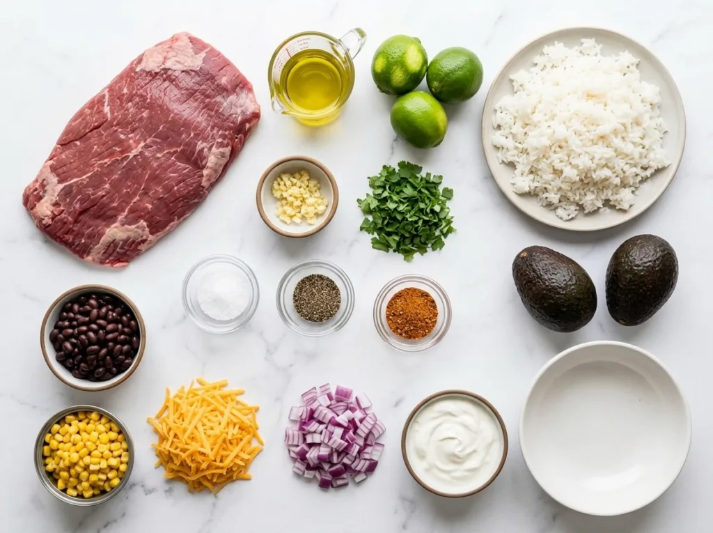 Citrus Herb Steak Rice Bowl Cilantro Lime Steak Bowls Citrus Herb Steak Rice Bowl The Full Ingredient Setup for These Steak Bowls