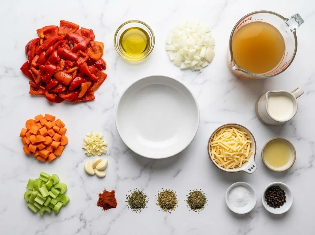 Creamy Roasted Red Pepper Soup with Gouda Red Pepper Gouda Soup Creamy Roasted Red Pepper Soup with Gouda The Soup Ingredients Set Out Before Cooking