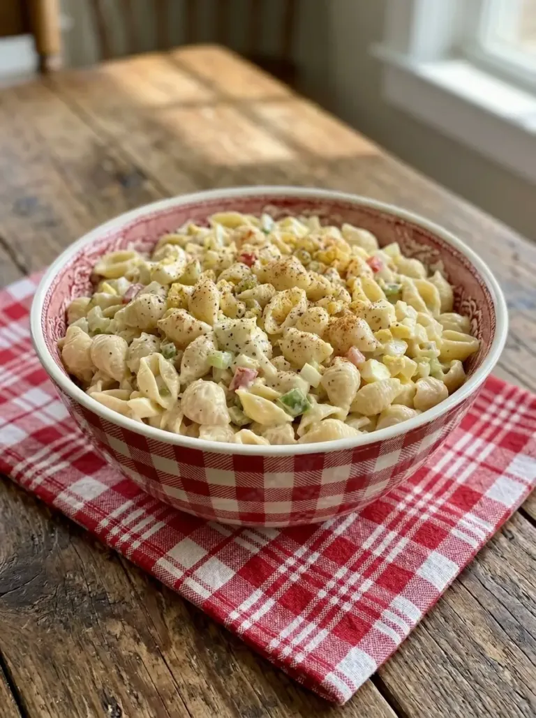 Amish Pasta Salad for Sunny Potlucks Amish Pasta Salad in Blue Ceramic Bowl