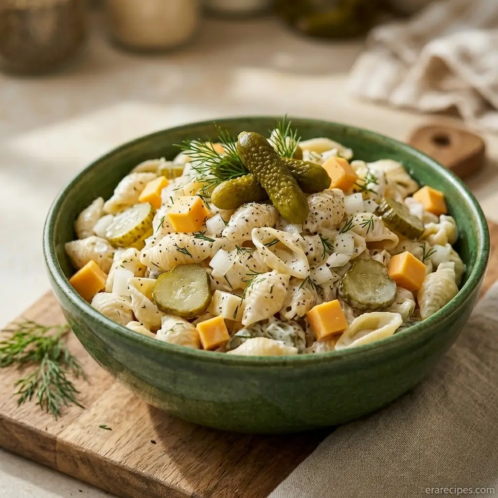 Dill Pickle Pasta Salad with Tangy Cookout Crunch Dill Pickle Pasta Salad Dill Pickle Pasta Salad with Tangy Cookout Crunch Creamy pasta salad in bowl