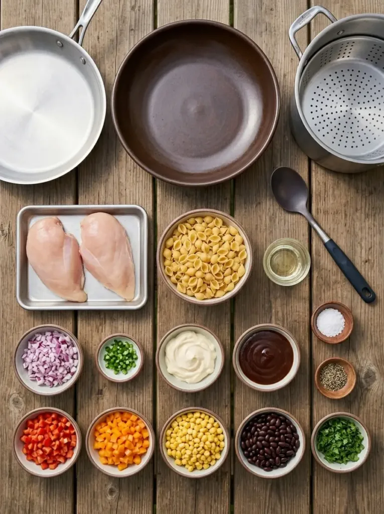 BBQ Chicken Pasta Salad for Cookouts and Busy Weekends BBQ Chicken Pasta Salad BBQ Chicken Pasta Salad for Cookouts and Busy Weekends Detailed Measured Ingredients for BBQ Chicken Pasta Salad