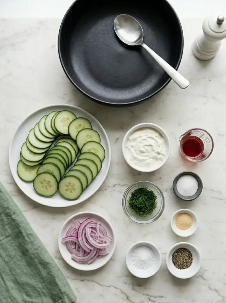 Creamy Cucumber Salad with a Cool Crunchy Finish Creamy Cucumber Salad Creamy Cucumber Salad with a Cool Crunchy Finish Detailed Measured Ingredients for Creamy Cucumber Salad