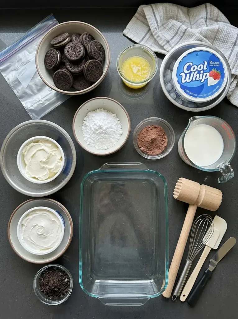 No Bake Oreo Dessert with Creamy Cookie Layers No Bake Oreo Dessert No Bake Oreo Dessert with Creamy Cookie Layers Detailed Measured Ingredients for No Bake Oreo Dessert