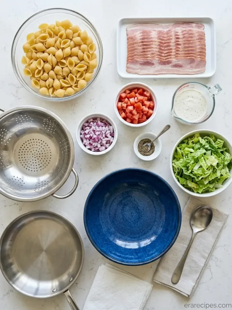 Turkey Bacon BLT Pasta Salad with Creamy Ranch Flavor Turkey Bacon BLT Pasta Salad Turkey Bacon BLT Pasta Salad with Creamy Ranch Flavor Detailed Measured Ingredients for Turkey Bacon BLT Pasta Salad