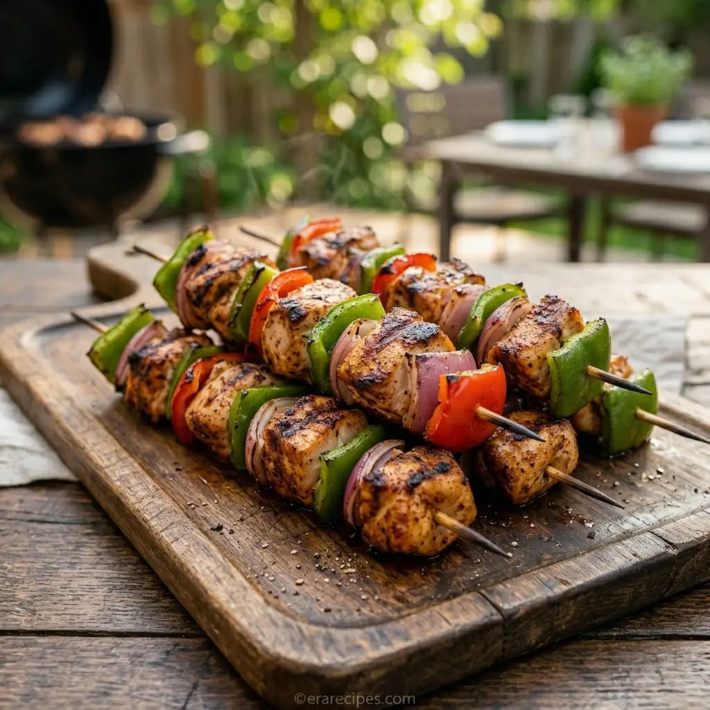 BBQ Chicken Skewers for Backyard Cookout Nights BBQ Chicken Skewers BBQ Chicken Skewers for Backyard Cookout Nights Grilled chicken skewers on platter