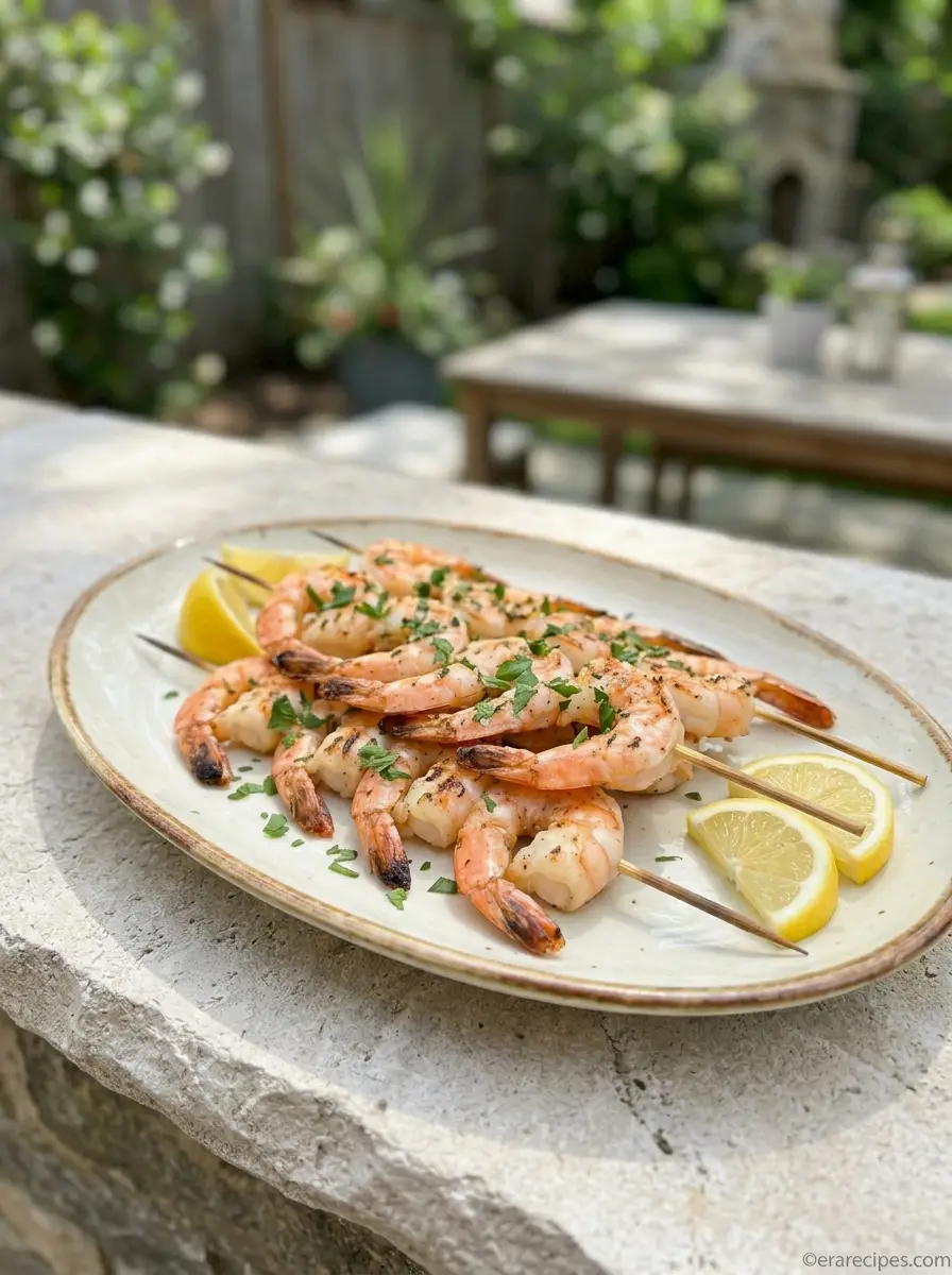 Home Home Grilled shrimp skewers on plate