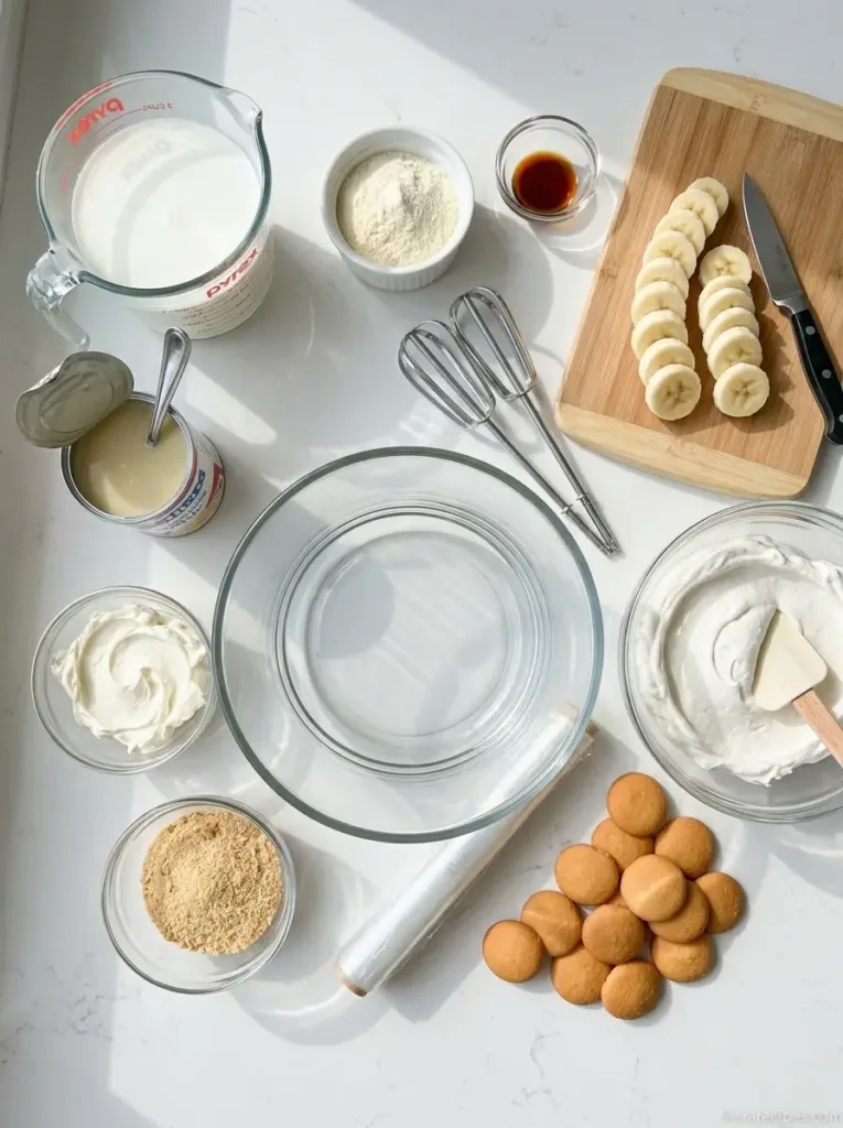 Banana Pudding Dessert with Creamy Southern Layers Banana Pudding Dessert Banana Pudding Dessert with Creamy Southern Layers Ingredients flat lay kitchen style