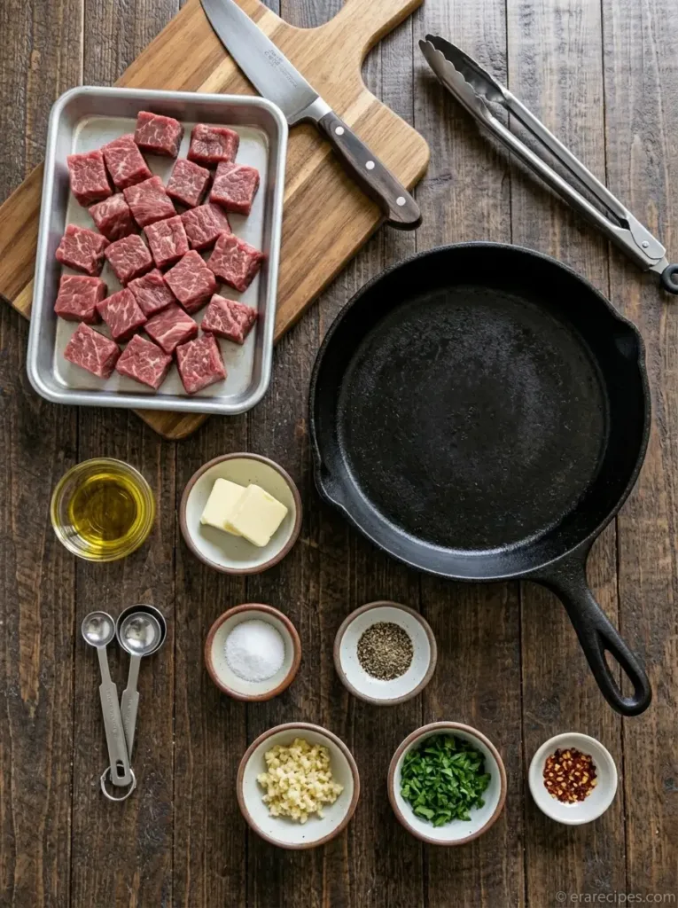 Garlic Butter Steak Bites with Juicy Skillet Flavor Garlic Butter Steak Bites Garlic Butter Steak Bites with Juicy Skillet Flavor Ingredients flat lay with skillet