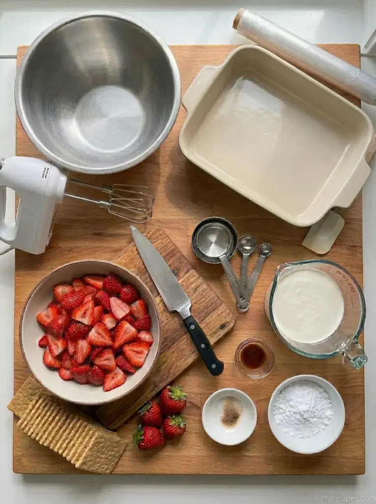 Strawberry Icebox Cake for No-Fuss Summer Slices Strawberry Icebox Cake Strawberry Icebox Cake for No-Fuss Summer Slices Ingredients flat lay kitchen