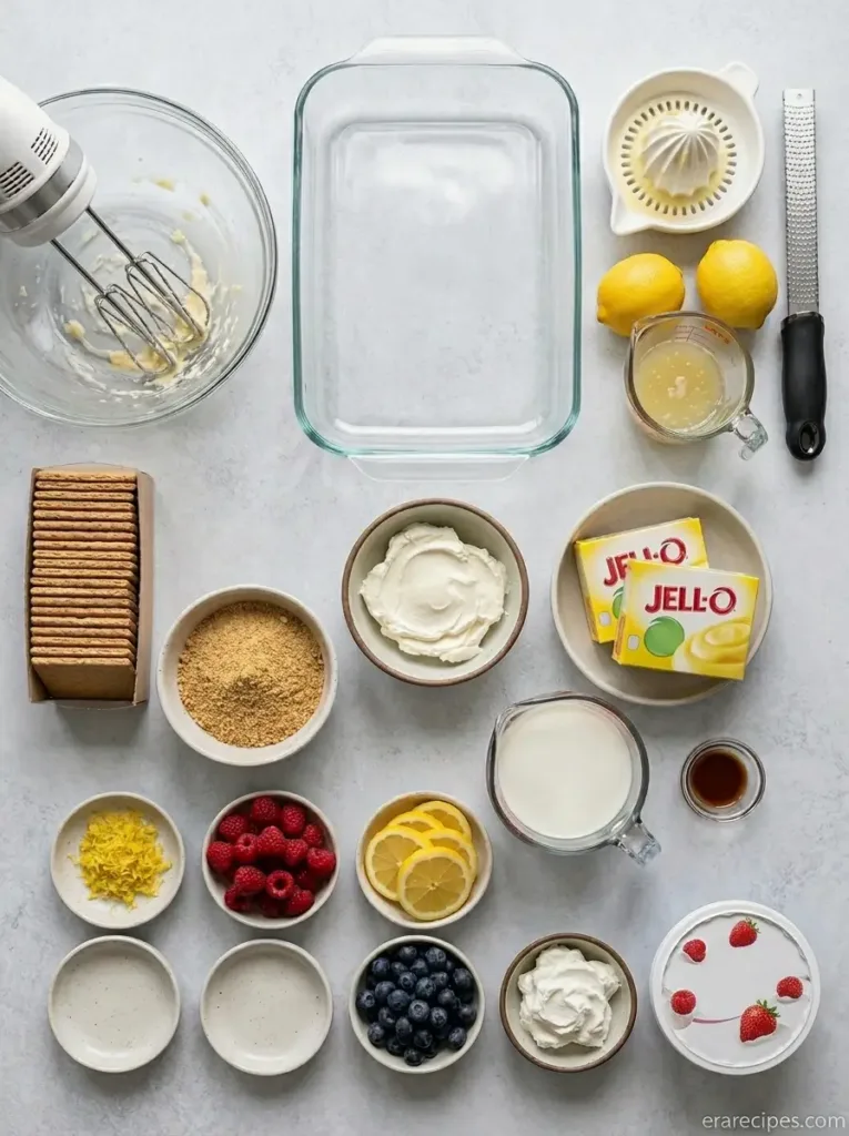Lemon Icebox Cake for Cool Citrus Slices Lemon Icebox Cake Lemon Icebox Cake for Cool Citrus Slices Ingredients for dessert flat lay
