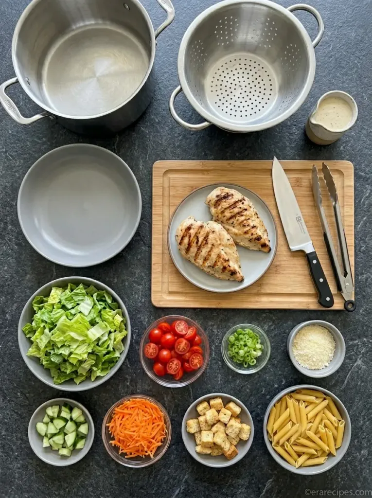 Chicken Caesar Pasta Salad for Make-Ahead Lunches Chicken Caesar Pasta Salad Chicken Caesar Pasta Salad for Make-Ahead Lunches Ingredients photo flat lay