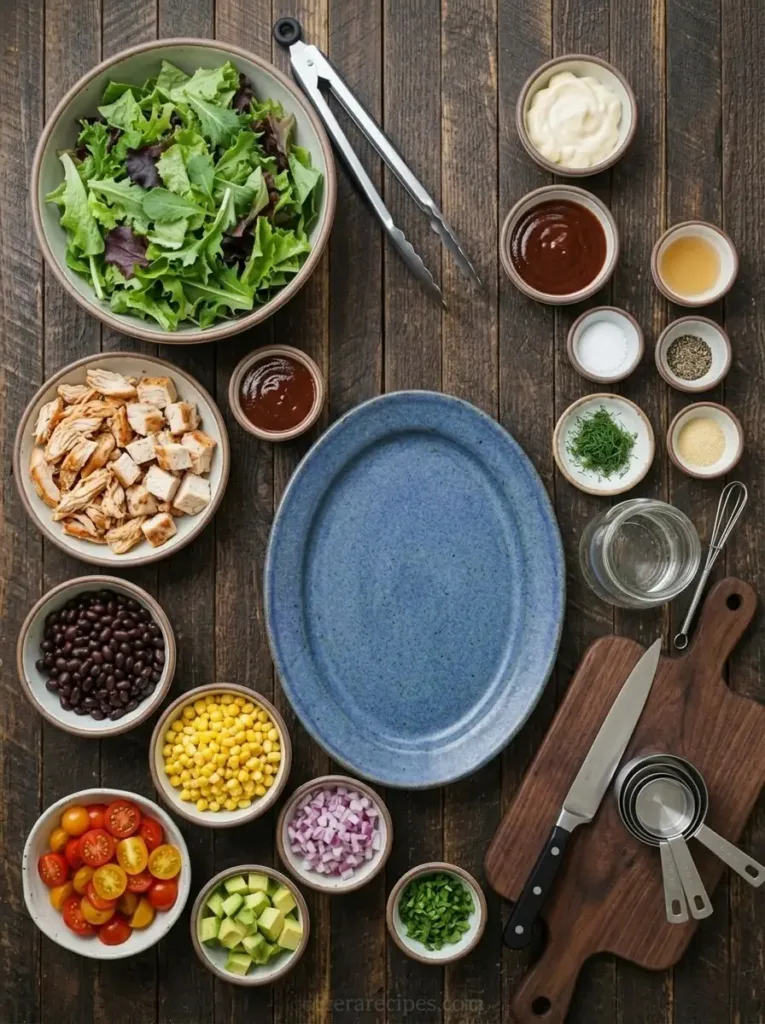 BBQ Ranch Chicken Salad with Smoky Ranch Crunch BBQ Ranch Chicken Salad BBQ Ranch Chicken Salad with Smoky Ranch Crunch Ingredients photo rustic wooden