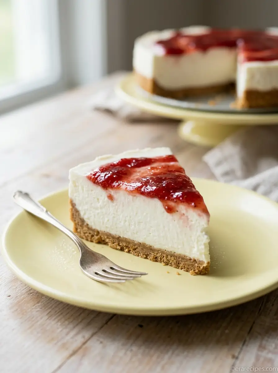 Home Home No Bake Strawberry Cheesecake Slice on Yellow Plate