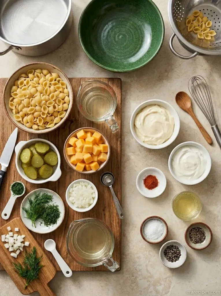 Dill Pickle Pasta Salad with Tangy Cookout Crunch Dill Pickle Pasta Salad Dill Pickle Pasta Salad with Tangy Cookout Crunch Pasta salad ingredients flat lay