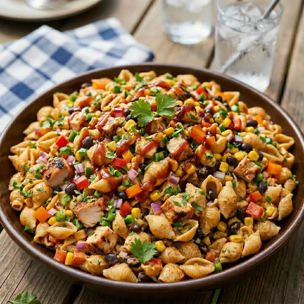 BBQ Chicken Pasta Salad for Cookouts and Busy Weekends BBQ Chicken Pasta Salad BBQ Chicken Pasta Salad for Cookouts and Busy Weekends Recipe Card Hero BBQ Chicken Pasta Salad