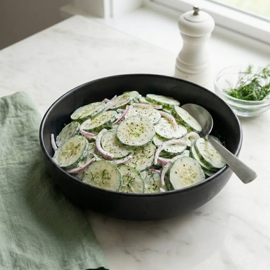 Creamy Cucumber Salad with a Cool Crunchy Finish Creamy Cucumber Salad Creamy Cucumber Salad with a Cool Crunchy Finish Recipe Card Hero Creamy Cucumber Salad