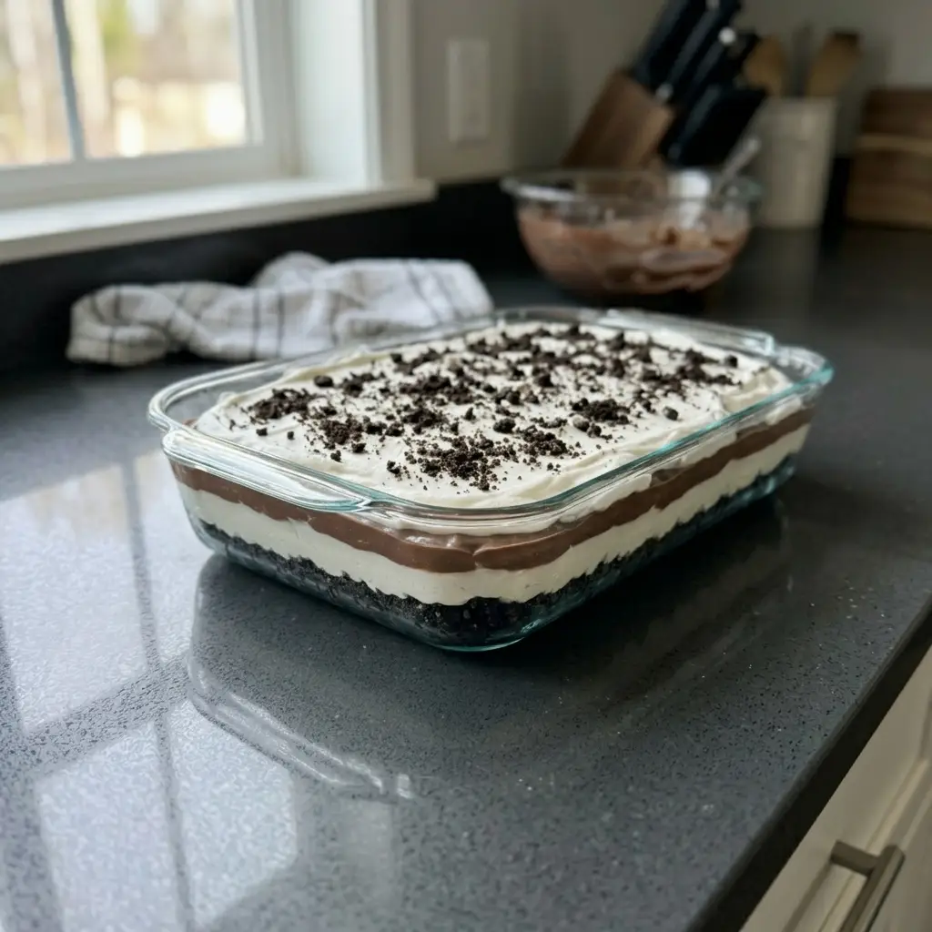 No Bake Oreo Dessert with Creamy Cookie Layers No Bake Oreo Dessert No Bake Oreo Dessert with Creamy Cookie Layers Recipe Card Hero No Bake Oreo Dessert