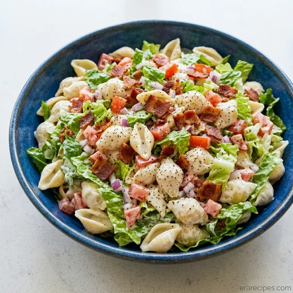 Turkey Bacon BLT Pasta Salad with Creamy Ranch Flavor Turkey Bacon BLT Pasta Salad Turkey Bacon BLT Pasta Salad with Creamy Ranch Flavor Recipe Card Hero Turkey Bacon BLT Pasta Salad
