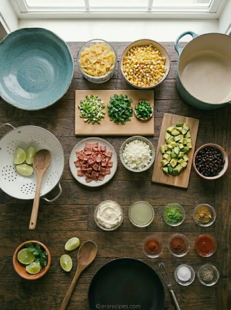 Mexican Street Corn Pasta Salad with Chili-Lime Cookout Flavor Mexican Street Corn Pasta Salad Mexican Street Corn Pasta Salad with Chili-Lime Cookout Flavor Salad ingredients and dressing b