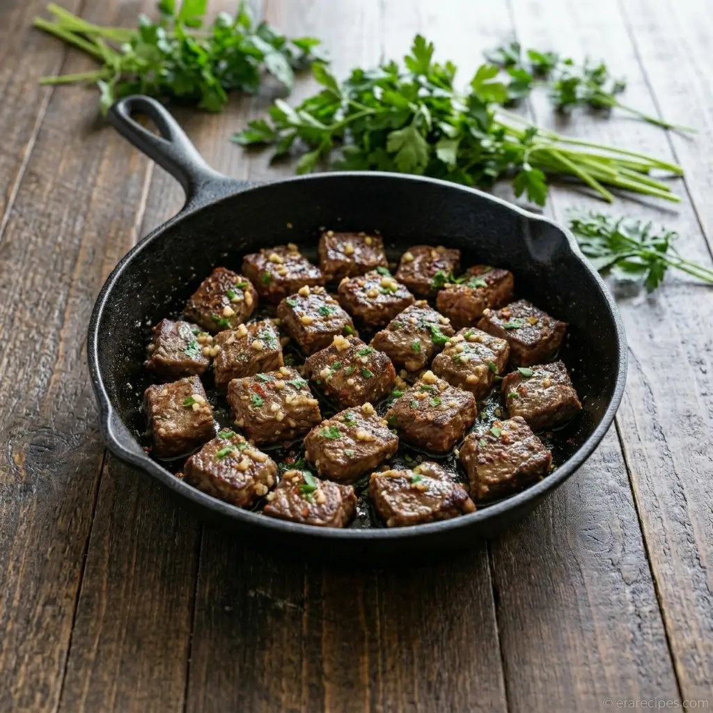 Garlic Butter Steak Bites with Juicy Skillet Flavor Garlic Butter Steak Bites Garlic Butter Steak Bites with Juicy Skillet Flavor Steak bites in skillet