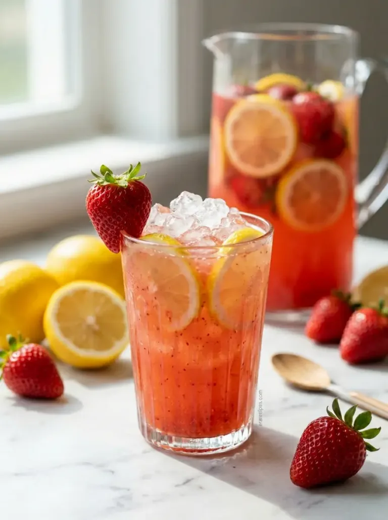 Strawberry Lemonade with a Bright Berry Twist Strawberry Lemonade in glass