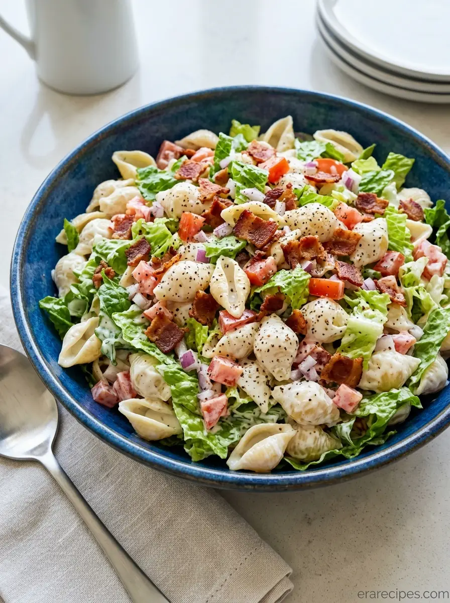 Home Home Turkey Bacon BLT Pasta Salad in Blue Bowl