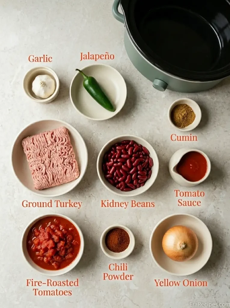 Slow Cooker Turkey Chili for Busy Fall Nights Slow Cooker Turkey Chili Principal Slow Cooker Turkey Chili ingredients labeled from directly overhead