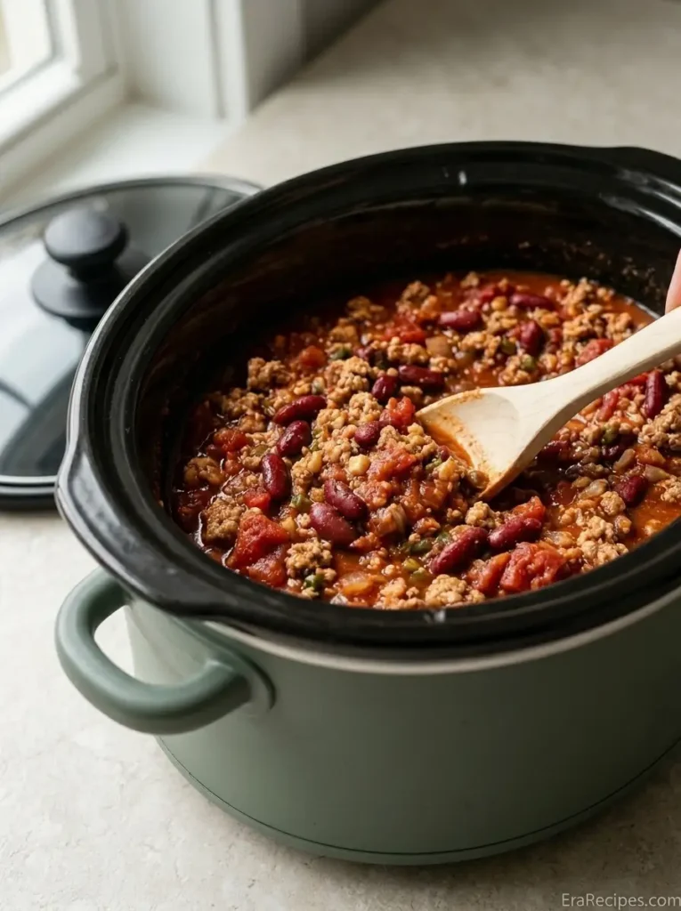 Slow Cooker Turkey Chili for Busy Fall Nights Slow Cooker Turkey Chili Finished thick turkey chili after four hours in a slow cooker