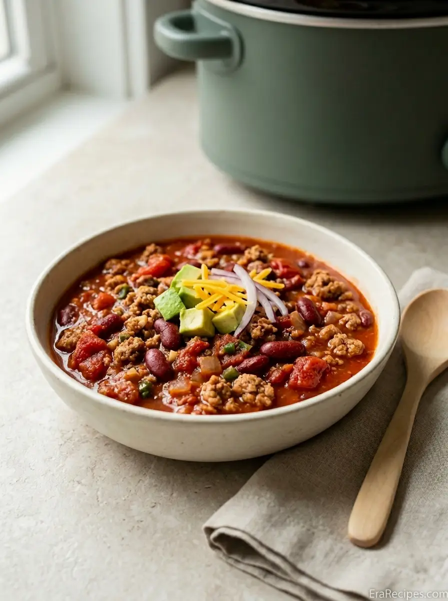 Home Slow Cooker Turkey Chili with ground turkey, kidney beans, and fire-roasted tomatoes