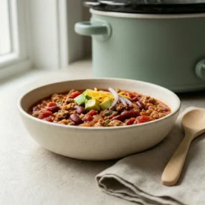 Slow Cooker Turkey Chili for Busy Fall Nights Slow Cooker Turkey Chili Slow Cooker Turkey Chili with turkey, kidney beans, tomatoes, avocado, Cheddar, and red onion