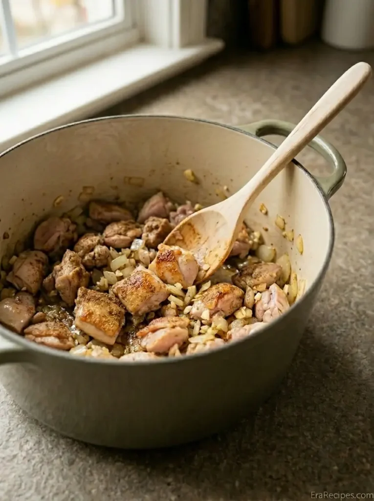 Creamy White Chicken Chili for Cooler Nights Creamy White Chicken Chili Chicken thighs browning with cumin, onion, and garlic for white chicken chili