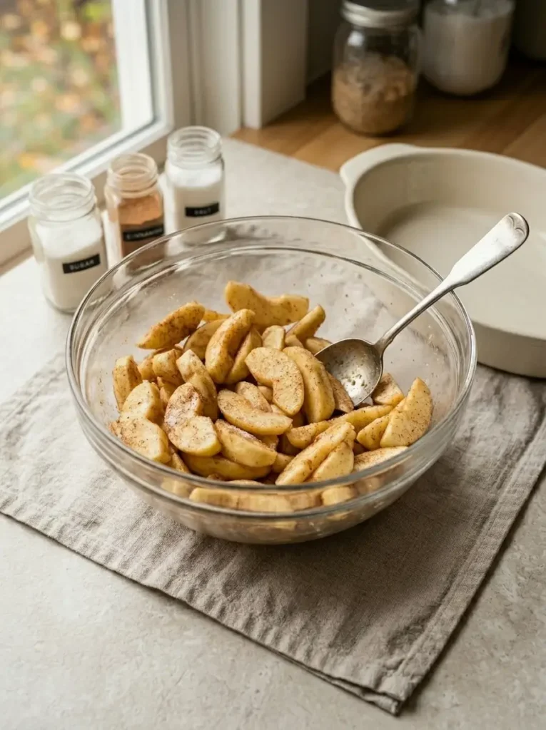 Classic Apple Crisp with a Cinnamon Oat Topping Apple Crisp Apple slices coated with cinnamon, sugar, lemon, and flour for apple crisp