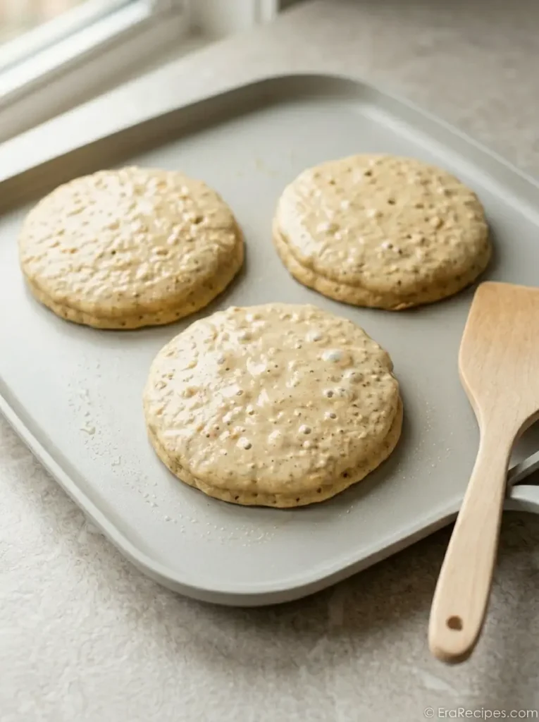 Cottage Cheese Banana Oatmeal Protein Pancakes for Breakfast Cottage Cheese Banana Thick cottage cheese banana oatmeal pancakes cooking on a nonstick griddle