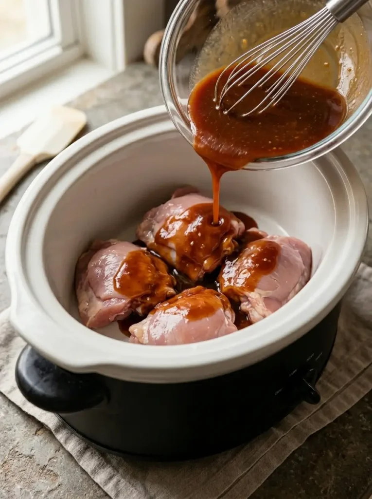 Slow Cooker Honey Garlic Chicken for Busy Families Slow Cooker Honey Garlic Chicken Honey garlic sauce being poured over chicken thighs in a slow cooker