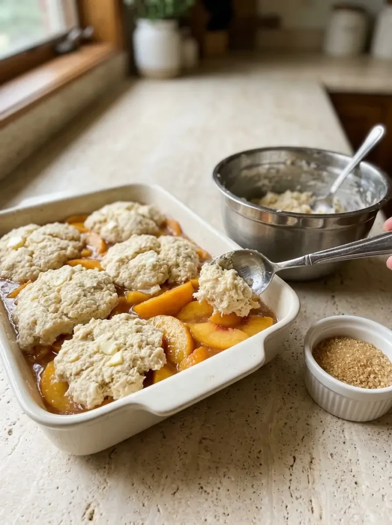 Classic Peach Cobbler with a Golden Buttery Topping Classic Peach Cobbler Buttermilk biscuit dough being dropped over peach filling with two silver spoons