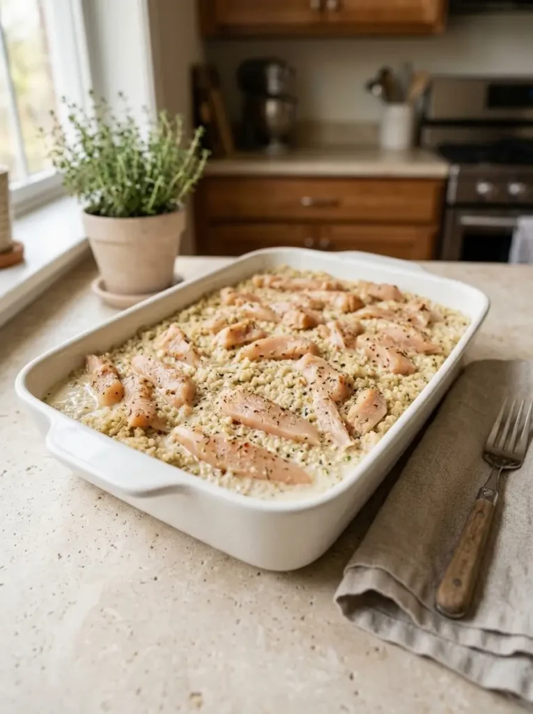 Chicken Broccoli Quinoa Casserole for Busy Nights Chicken Broccoli Quinoa Casserole Thin seasoned chicken strips arranged over creamy quinoa mixture before baking