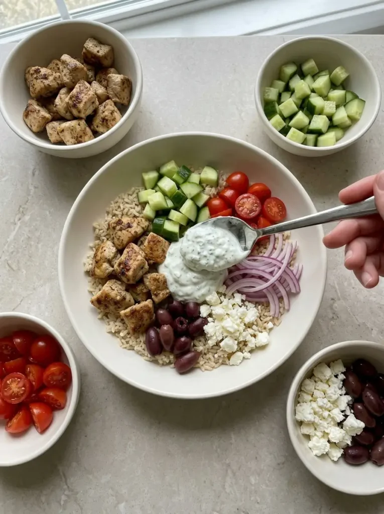 Chicken Gyro Bowls for a Fresh Mediterranean Dinner Chicken Gyro Bowls Rice, chicken, vegetables, olives, feta, and tzatziki arranged in a gyro bowl
