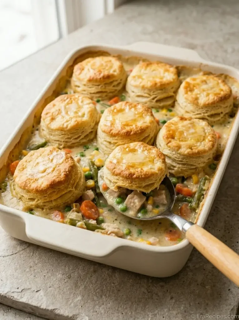 Easy Chicken Pot Pie Casserole for Cozy Weeknights Easy Chicken Pot Pie Casserole Baked chicken pot pie casserole with golden biscuits and bubbling creamy filling